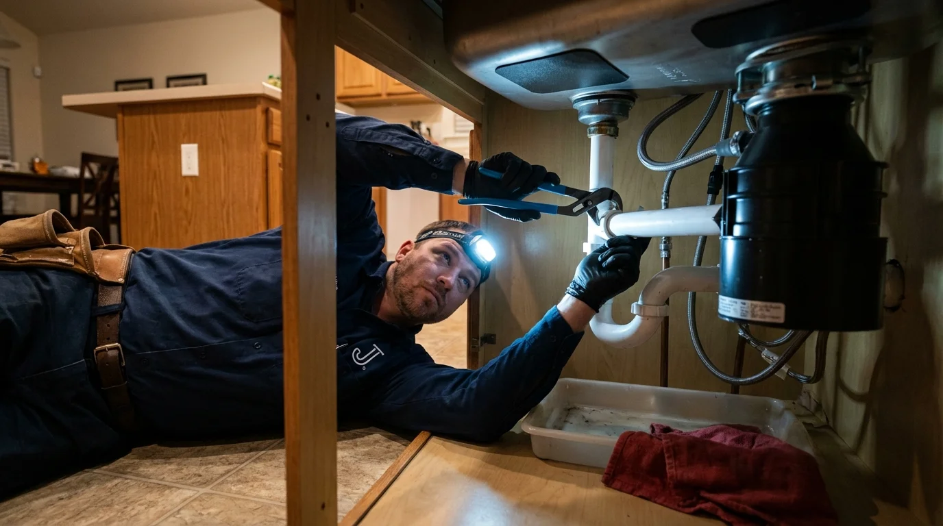 P-trap and supply line connections under a kitchen sink showing a common leak point in Springfield, VA